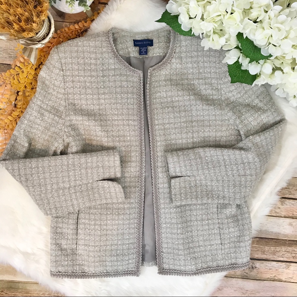 Karen Scott Tweed Blazer Jacket Open Front - Ivory - Picture 1 of 6